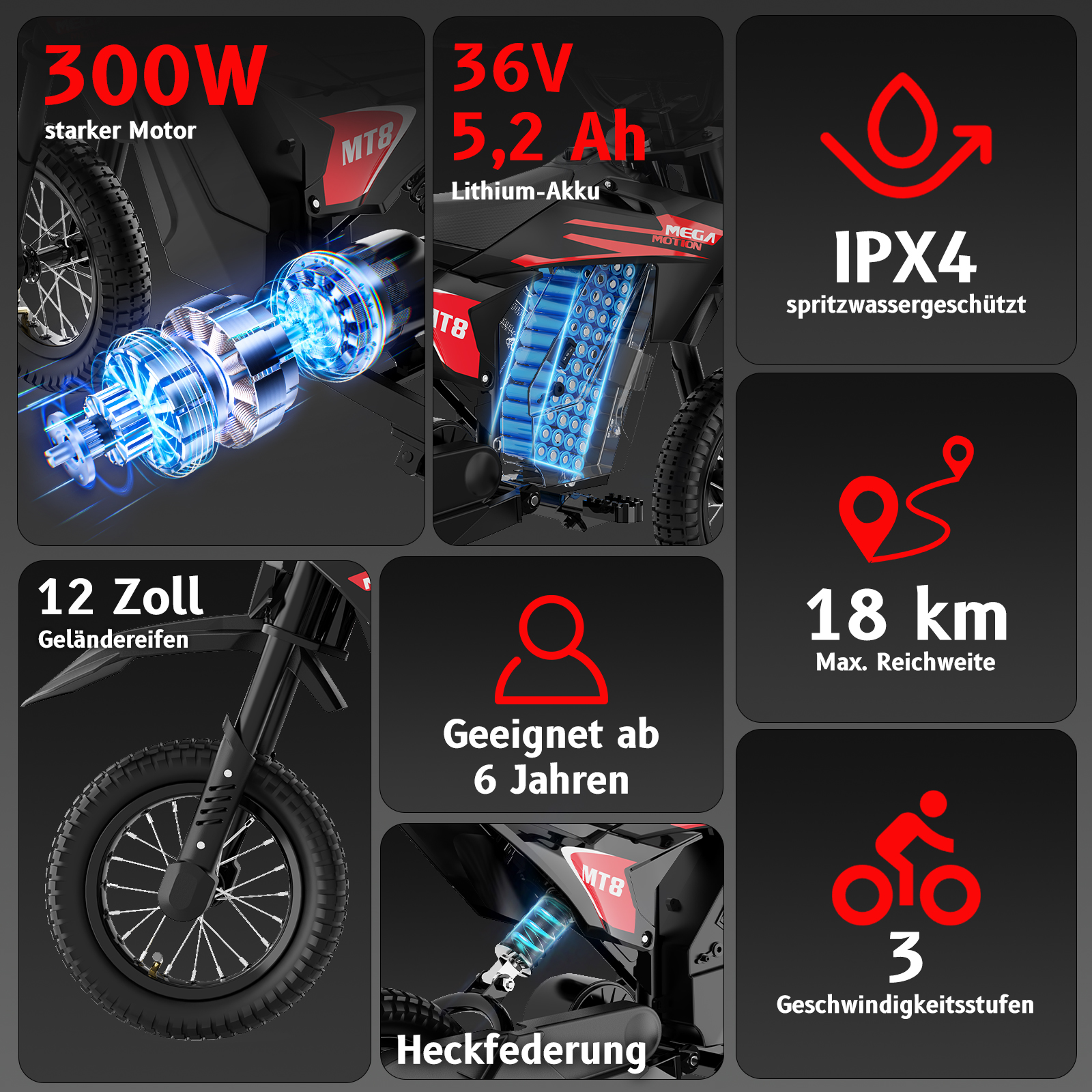 E-Bike mit 300W Motor, 36V Akku, IPX4, 18 km Reichweite, für Kinder ab 6 J.