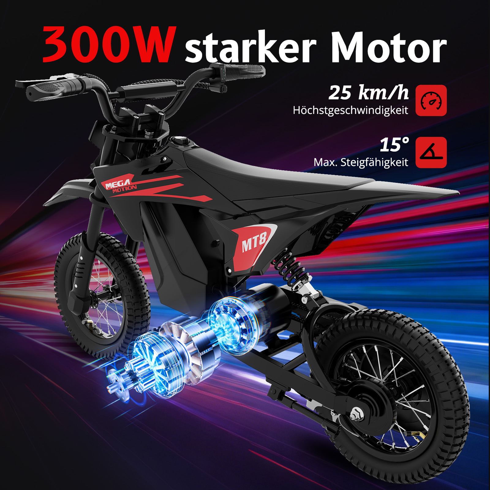 Schwarzes Elektro-Dirtbike mit 300W Motor, 25 km/h, 15° Steigfähigkeit.