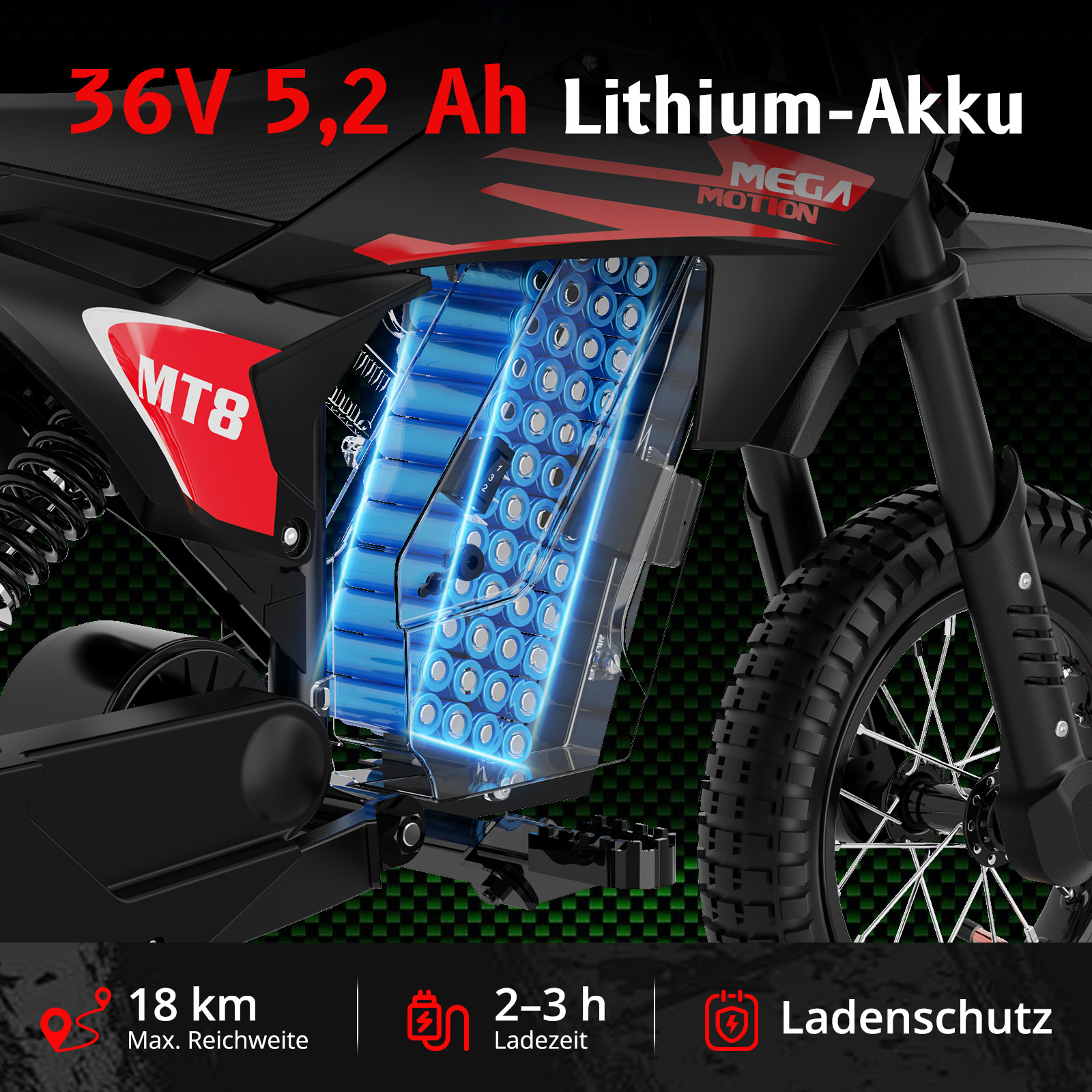Detailansicht eines E-Bikes mit offenem Akkufach, das blaue Lithium-Ionen-Zellen zeigt.