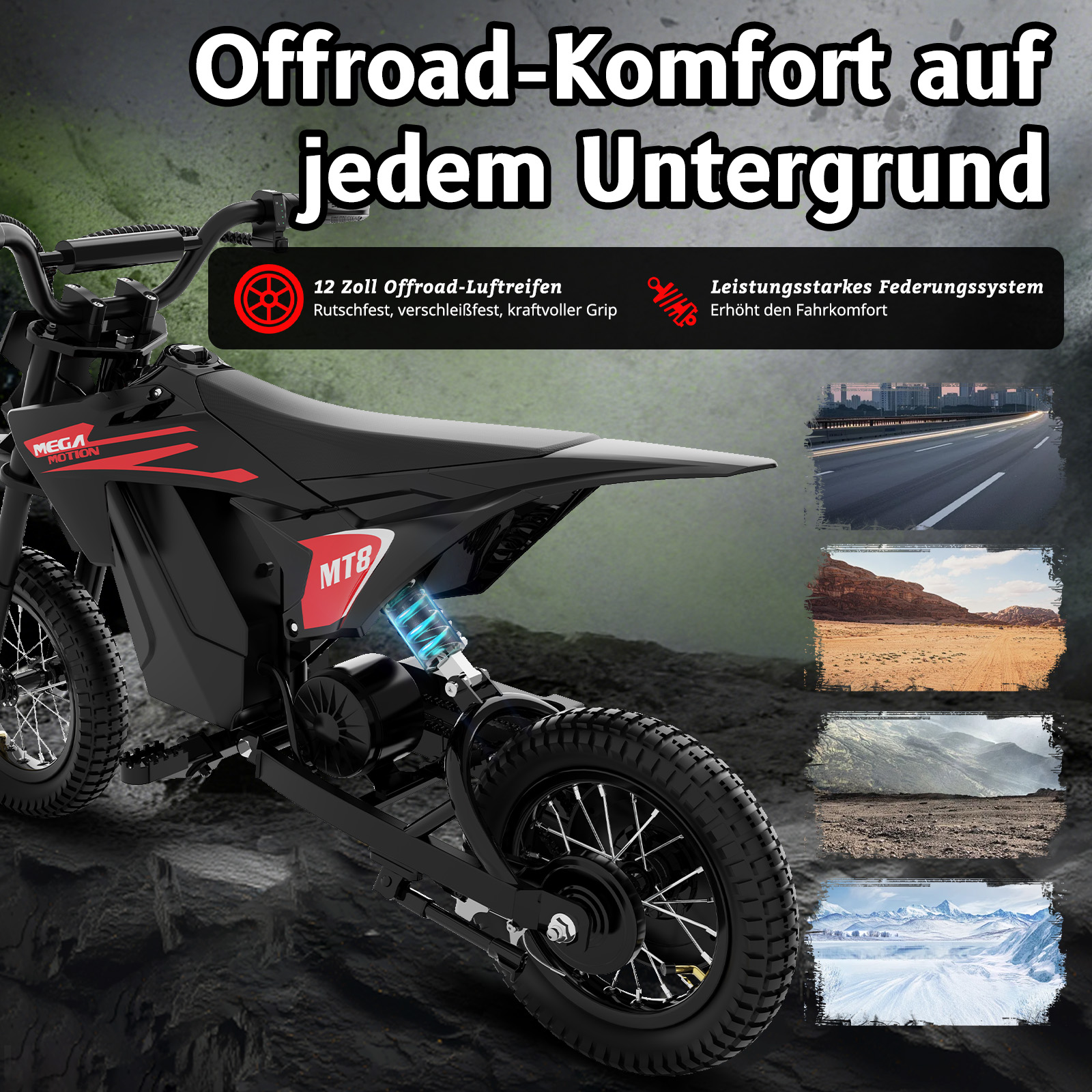 Ein schwarzes Offroad-Bike mit roten Akzenten und blauem Stoßdämpfer steht auf unwegsamem Gelände. Text hebt Merkmale hervor.