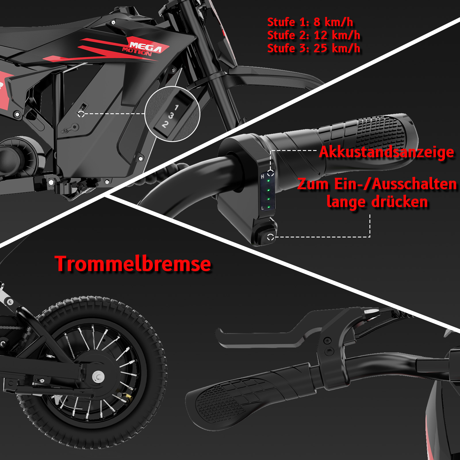 Elektroroller-Details: Akku, Bremsen, Lenker mit Stufenanzeige.