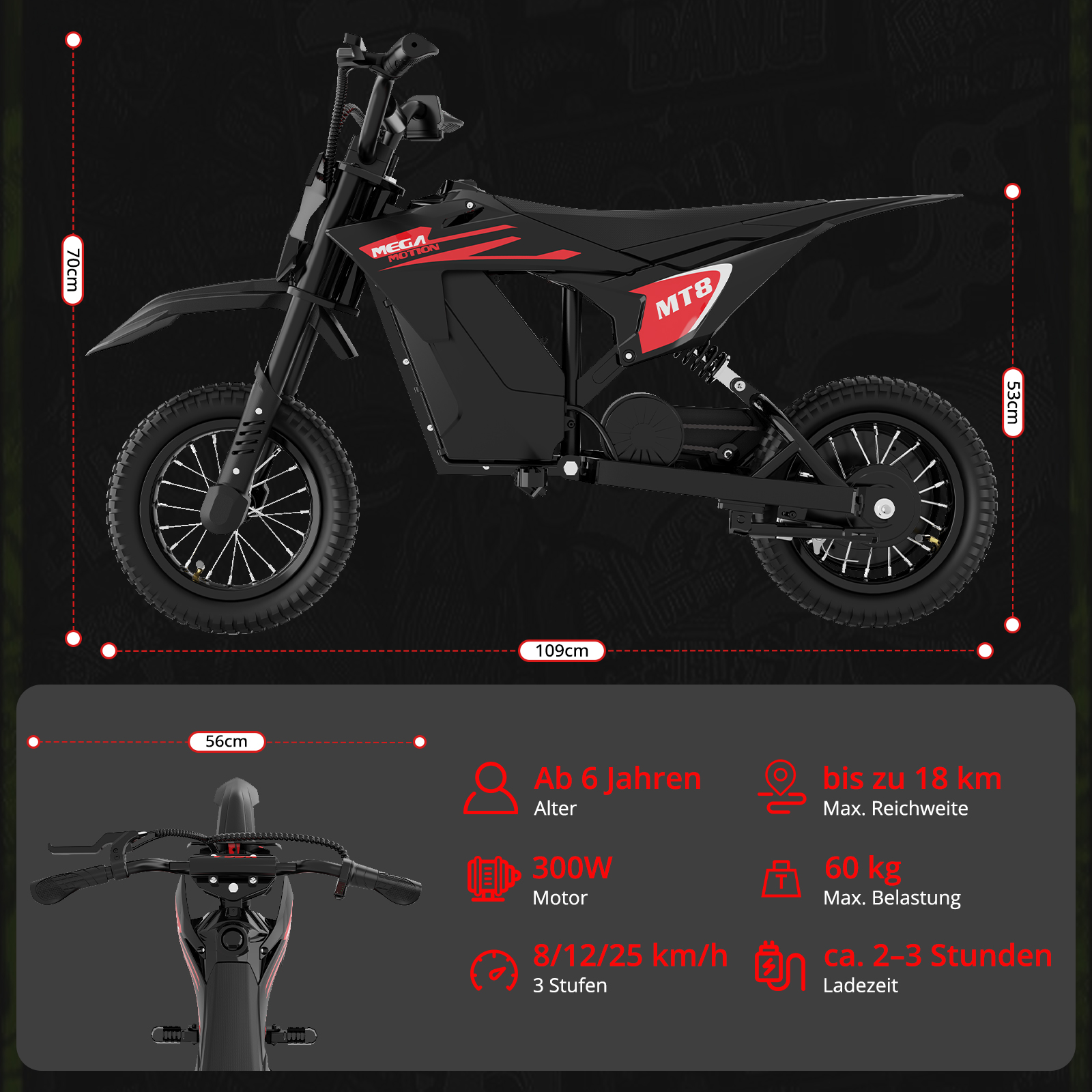 Schwarzes Elektro-Dirtbike mit roten Akzenten. Maße: 70x109x53cm. Ab 6 J.