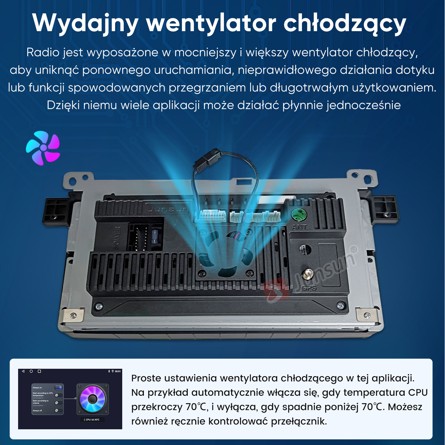 Tył radia samochodowego z wentylatorem i ekranem aplikacji.