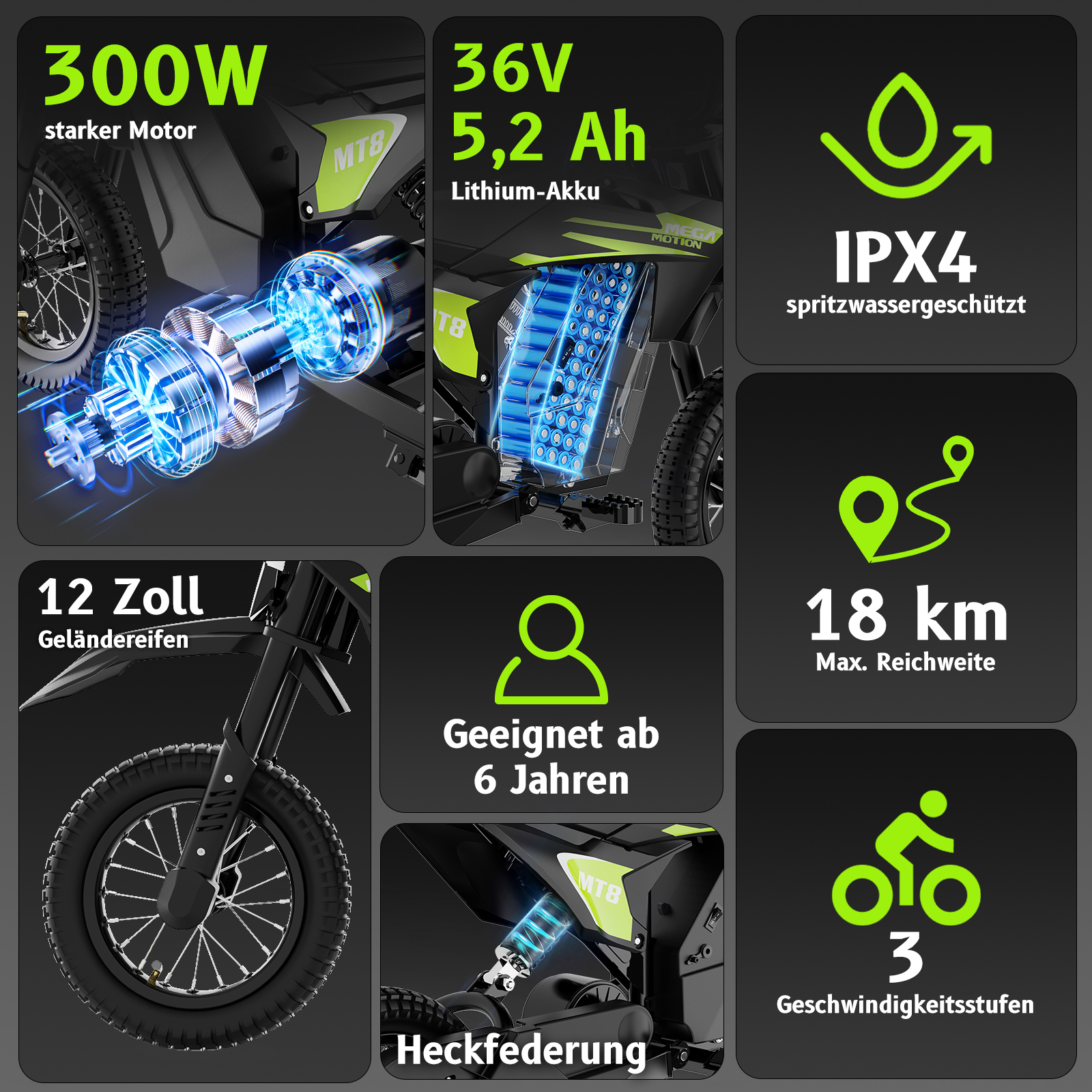 Produktinformationen: 300W Motor, 36V 5.2Ah Akku, IPX4, 18km Reichweite, 12" Reifen.