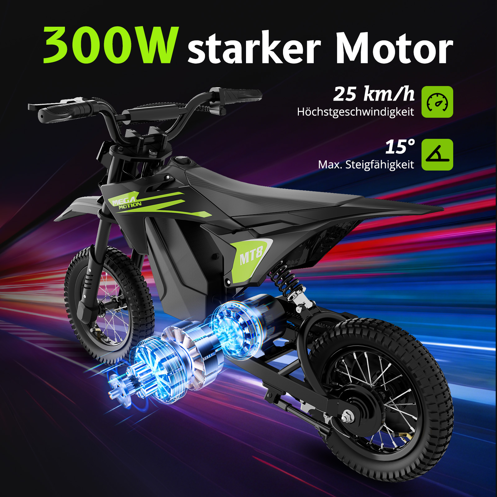 Ein schwarzes Elektromotorrad mit grünen Akzenten und leuchtenden Motorkomponenten.