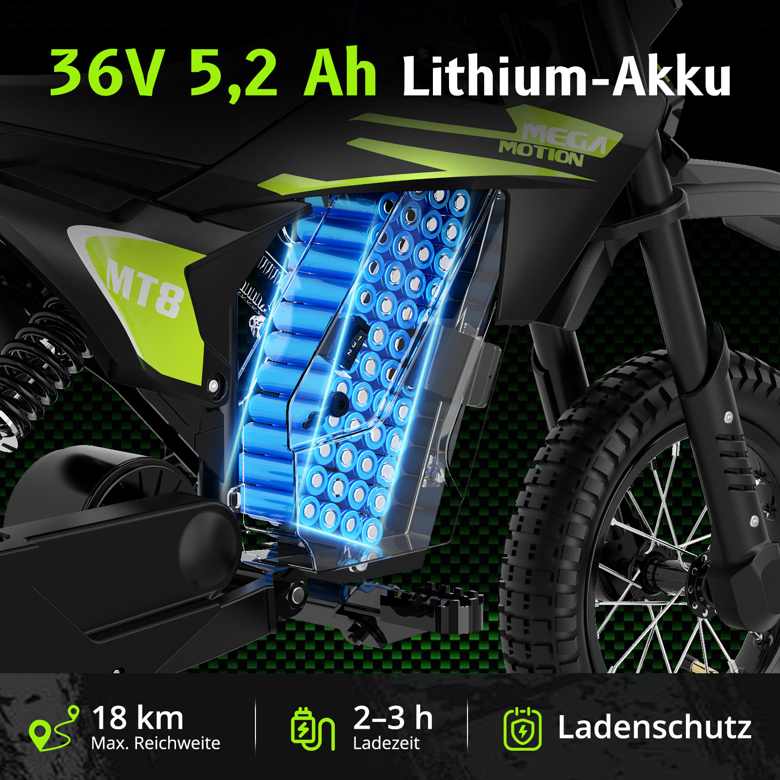 Detailansicht eines Elektrofahrrads mit freigelegtem Lithium-Akku.