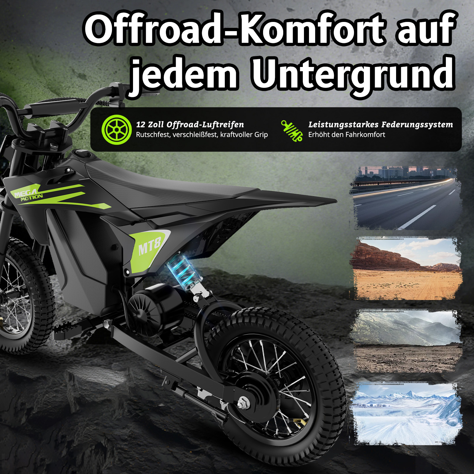 Schwarzes E-Bike mit grünen Akzenten, zeigt Offroad-Fähigkeiten mit verschiedenen Terrains.