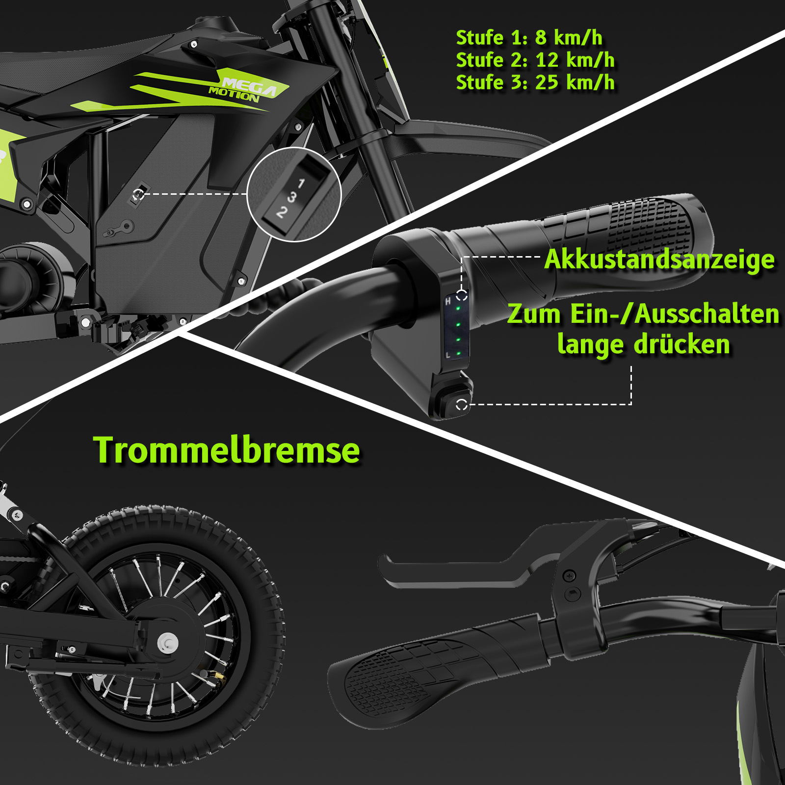 Details eines schwarzen E-Bikes: Gangwahl, Akkustandanzeige & Trommelbremse.