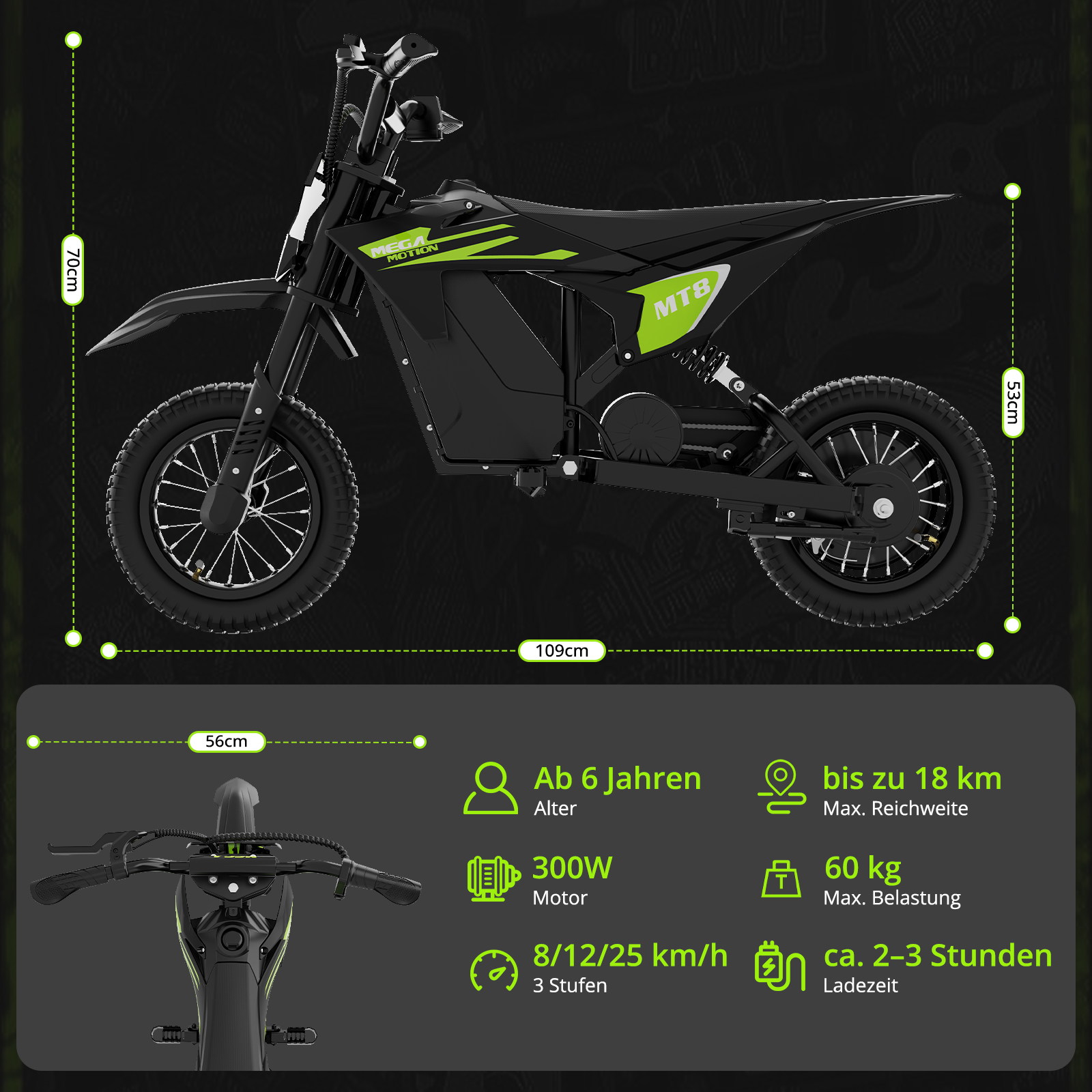 Schwarzes E-Dirtbike mit grünen Akzenten, Maße und Spezifikationen.