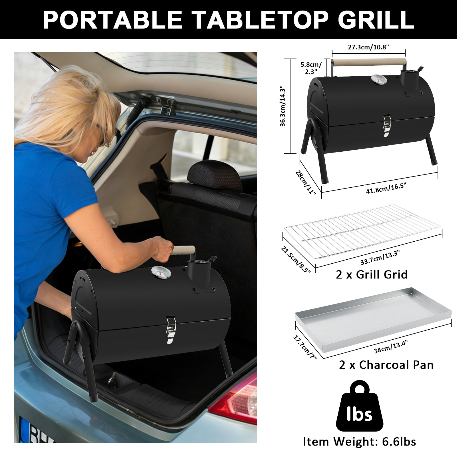 Schwarzer Grill mit Holzgriff wird in ein Auto geladen. Maße sind angegeben.