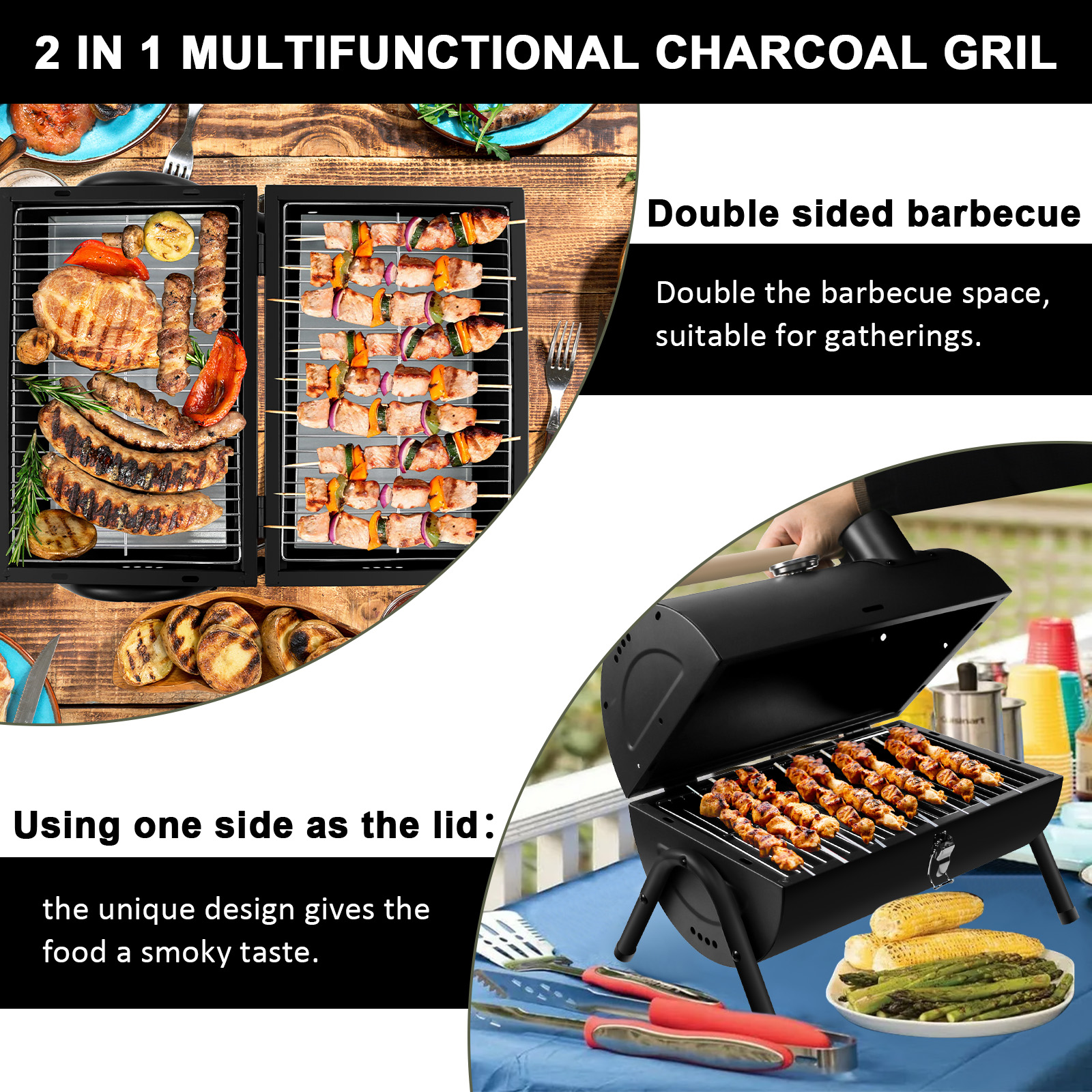 Doppelgrill mit Fleisch, Spießen, Mais und Spargel auf Holztisch.