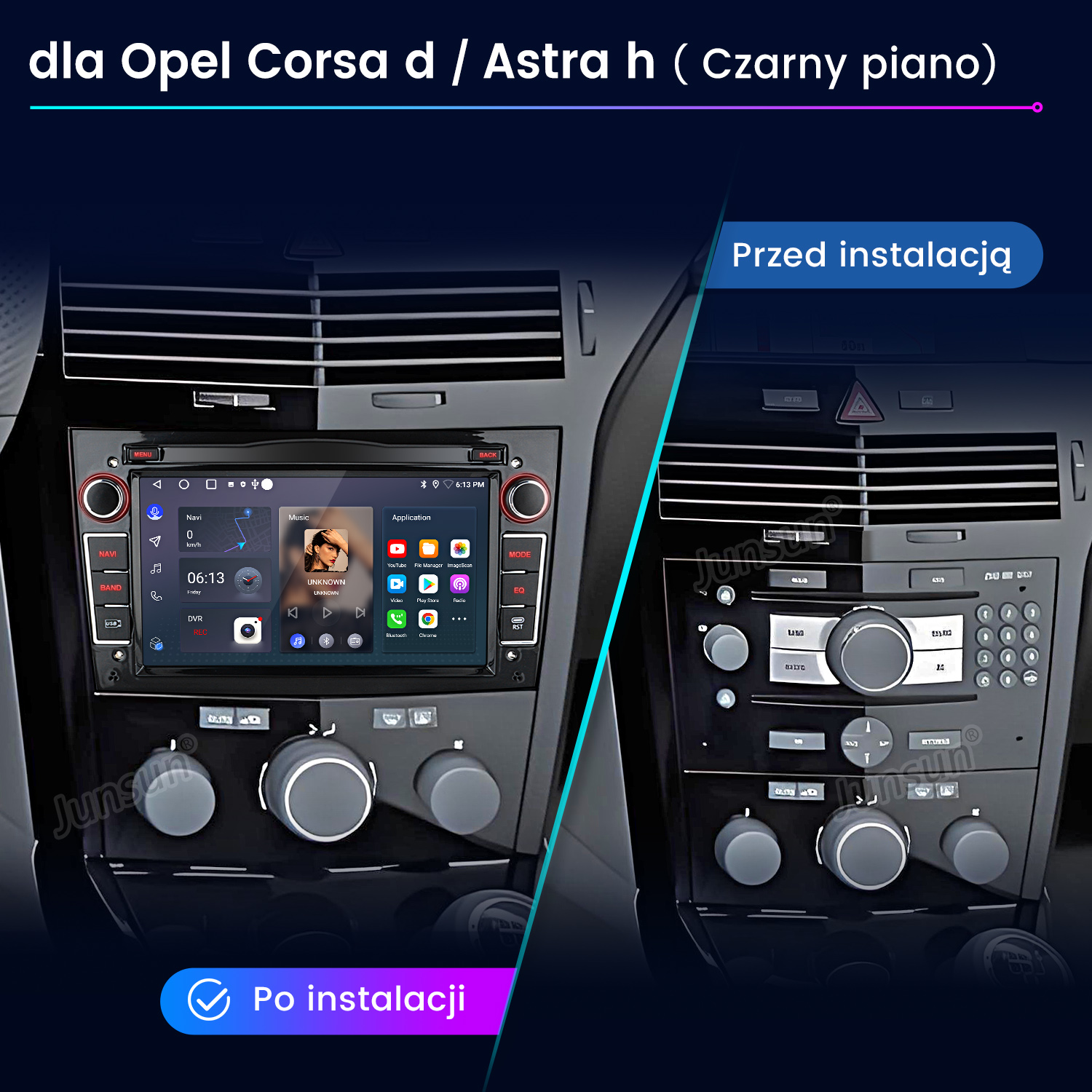 Porównanie radia samochodowego przed i po montażu w desce rozdzielczej Opla.