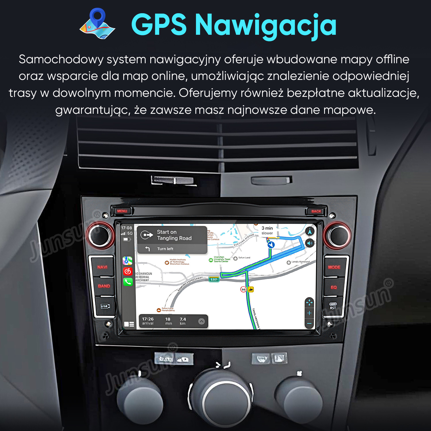 System nawigacji samochodowej z mapami offline/online. Pokazuje trasę, ruch i czas przyjazdu.