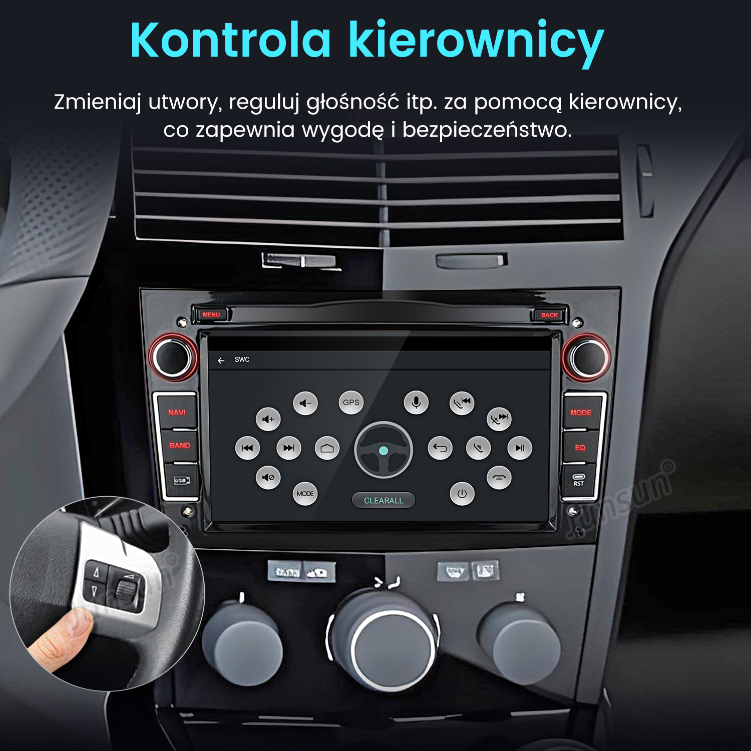 Ekran multimedialny samochodu z przyciskami i sterowaniem kierownicą.