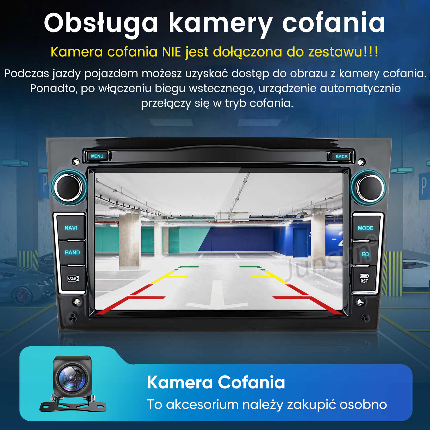 Radio samochodowe pokazuje widok z kamery cofania na parkingu.