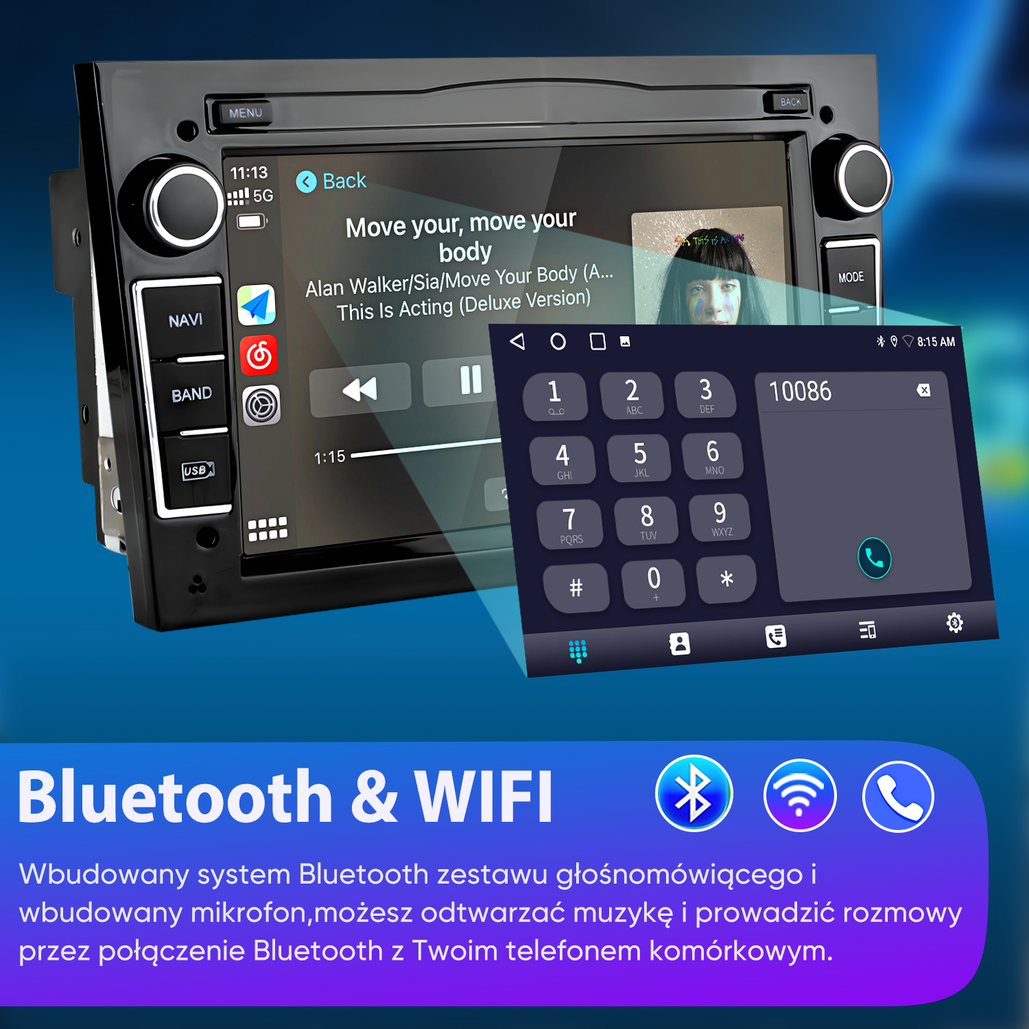 Radio samochodowe wyświetla odtwarzanie muzyki, klawiaturę numeryczną i ikony Bluetooth/WIFI.