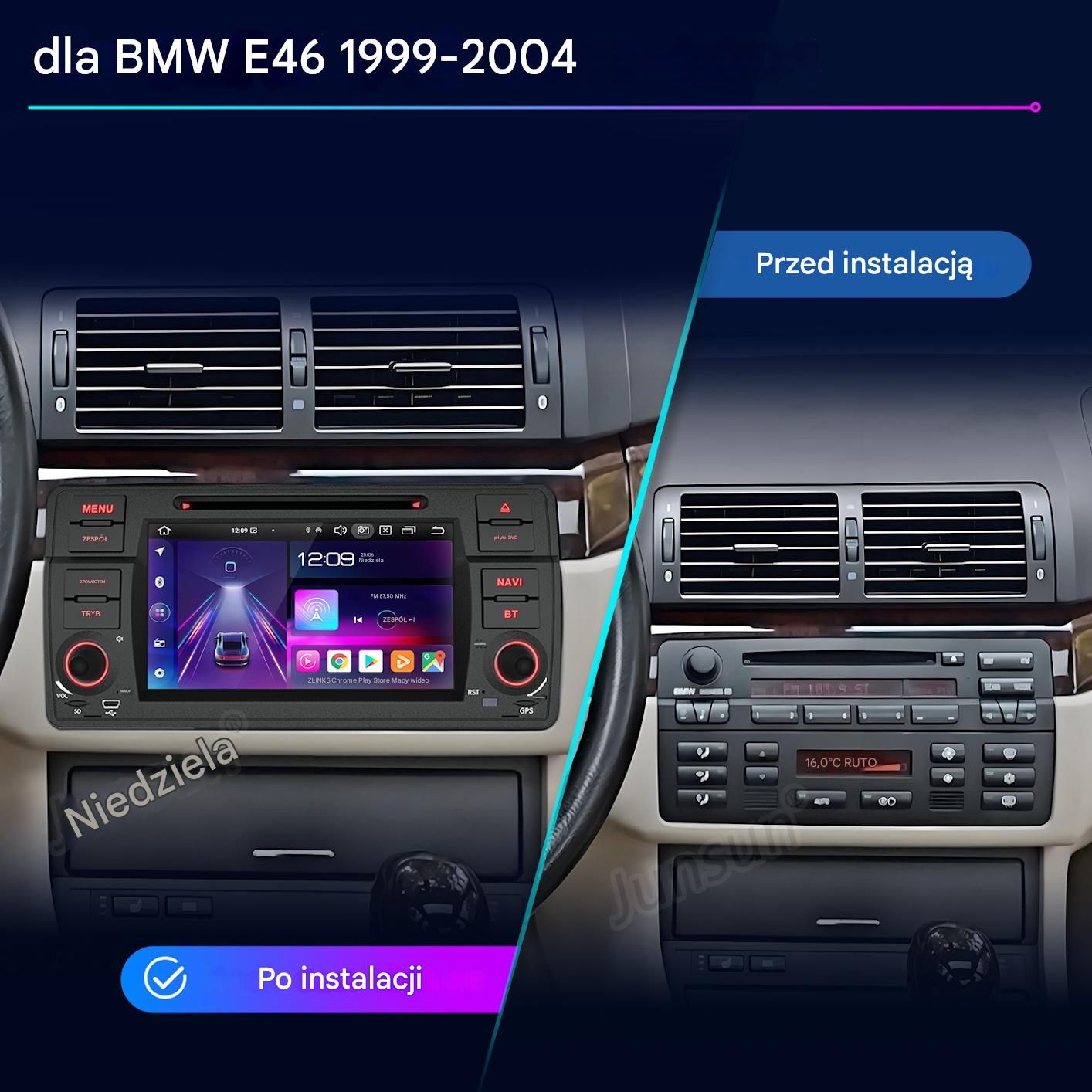 Porównanie deski rozdzielczej BMW E46 przed i po instalacji nowego systemu infotainment.