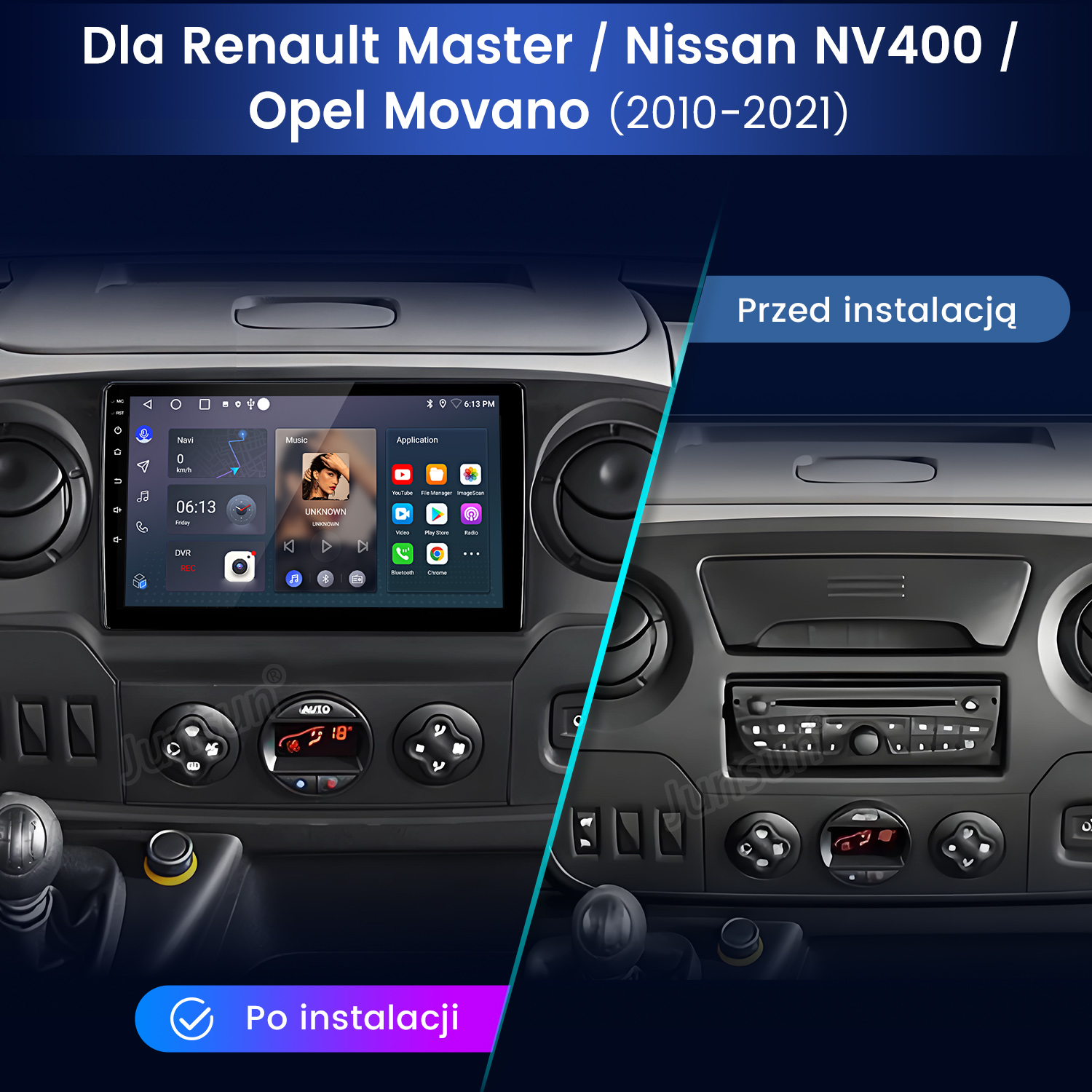 Porównanie przed i po radia samochodowego do Renault Master, Nissan NV400, Opel Movano.