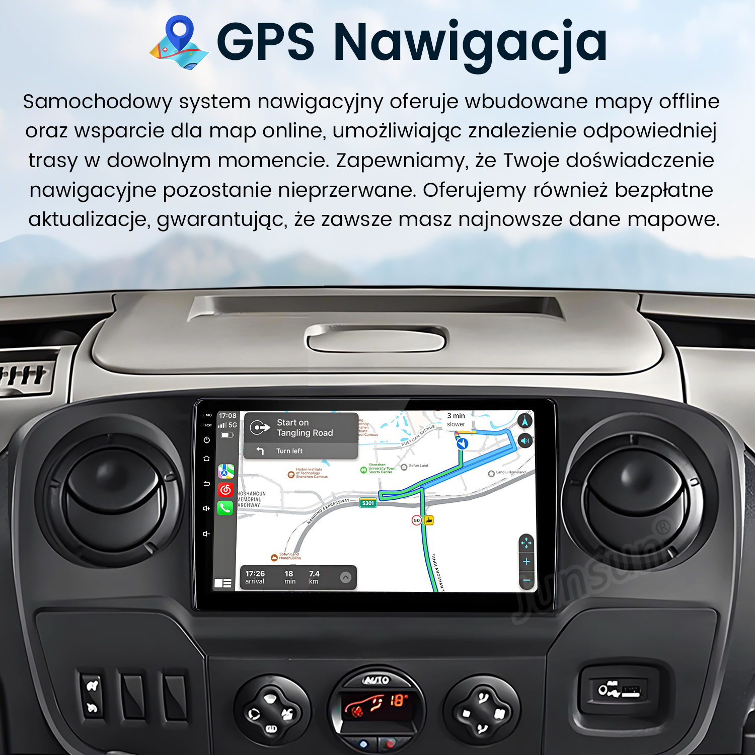 Wyświetlany jest samochodowy system nawigacji z mapami offline i online.