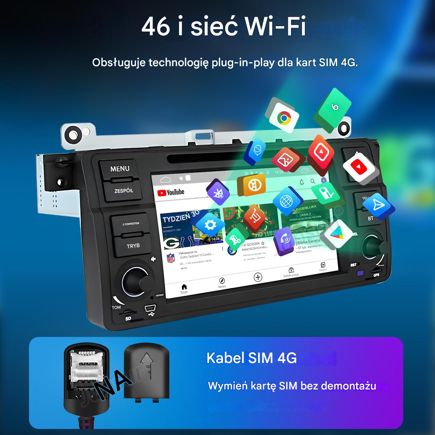 Radio samochodowe z ekranem dotykowym, aplikacjami i slotem SIM 4G. Poniżej adapter SIM.