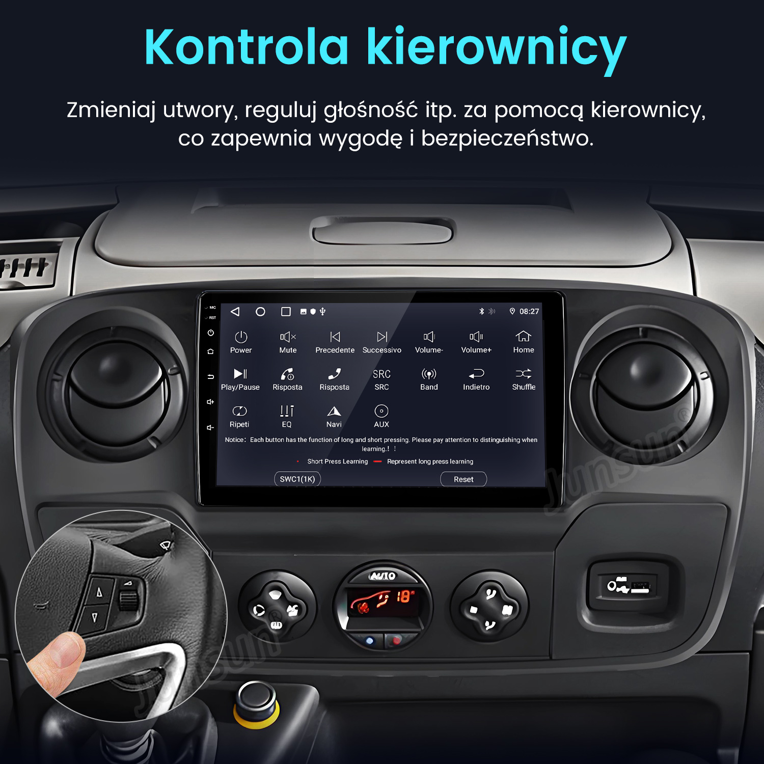 Wnętrze samochodu z dotykowym systemem multimedialnym i przyciskami na kierownicy.