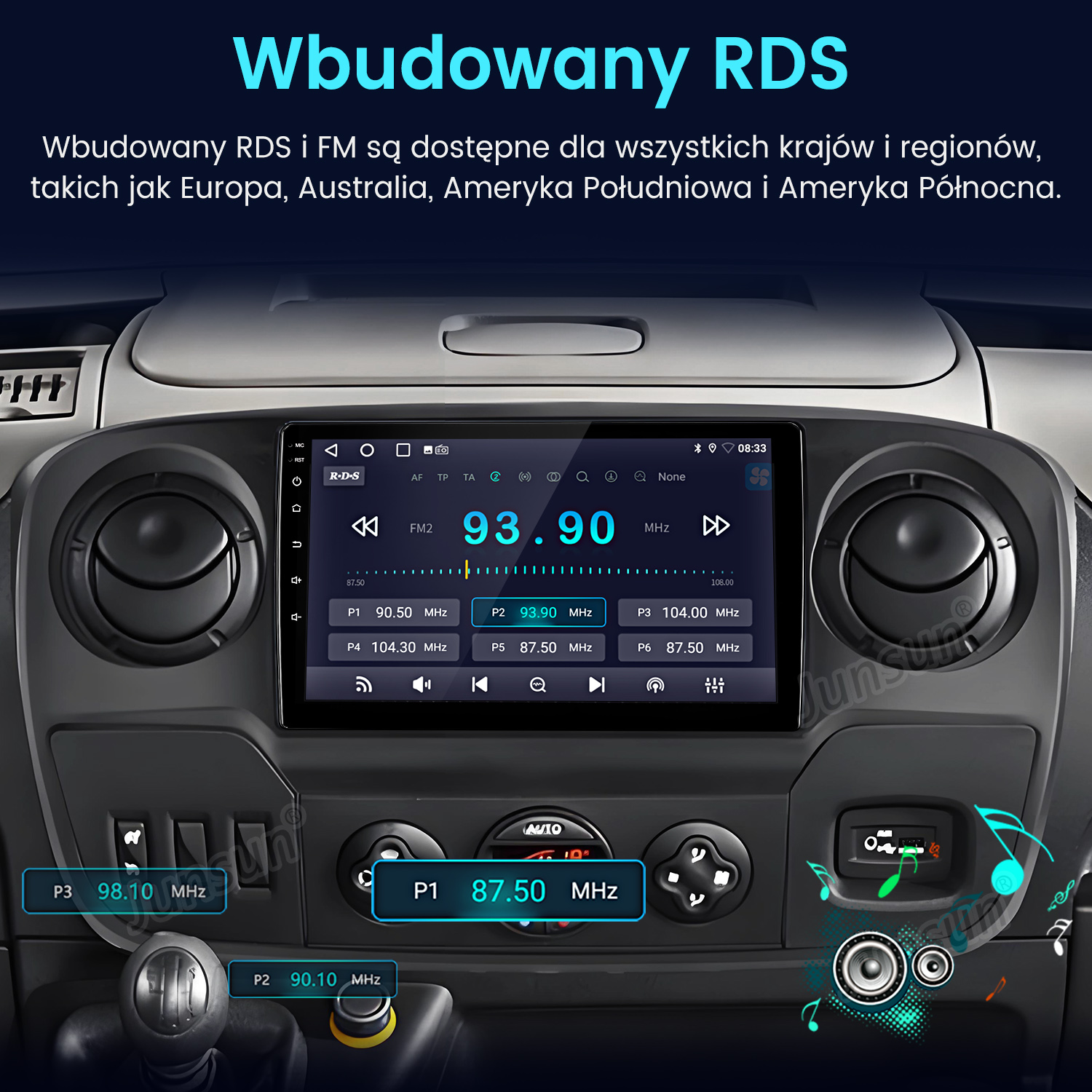 Wyświetlacz radia samochodowego pokazuje informacje i przyciski. FM2 93.90 MHz aktywny.