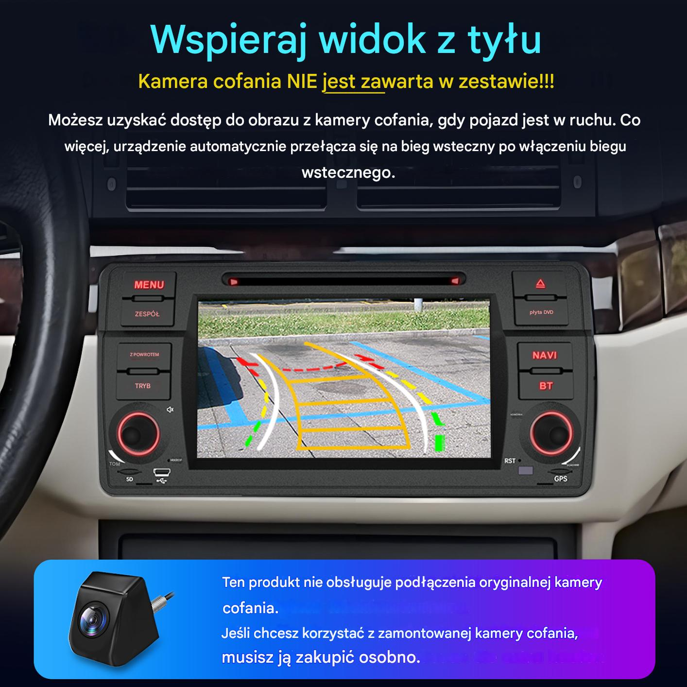 Wnętrze samochodu z systemem nawigacji pokazującym widok z kamery cofania. Oddzielny moduł kamery poniżej.