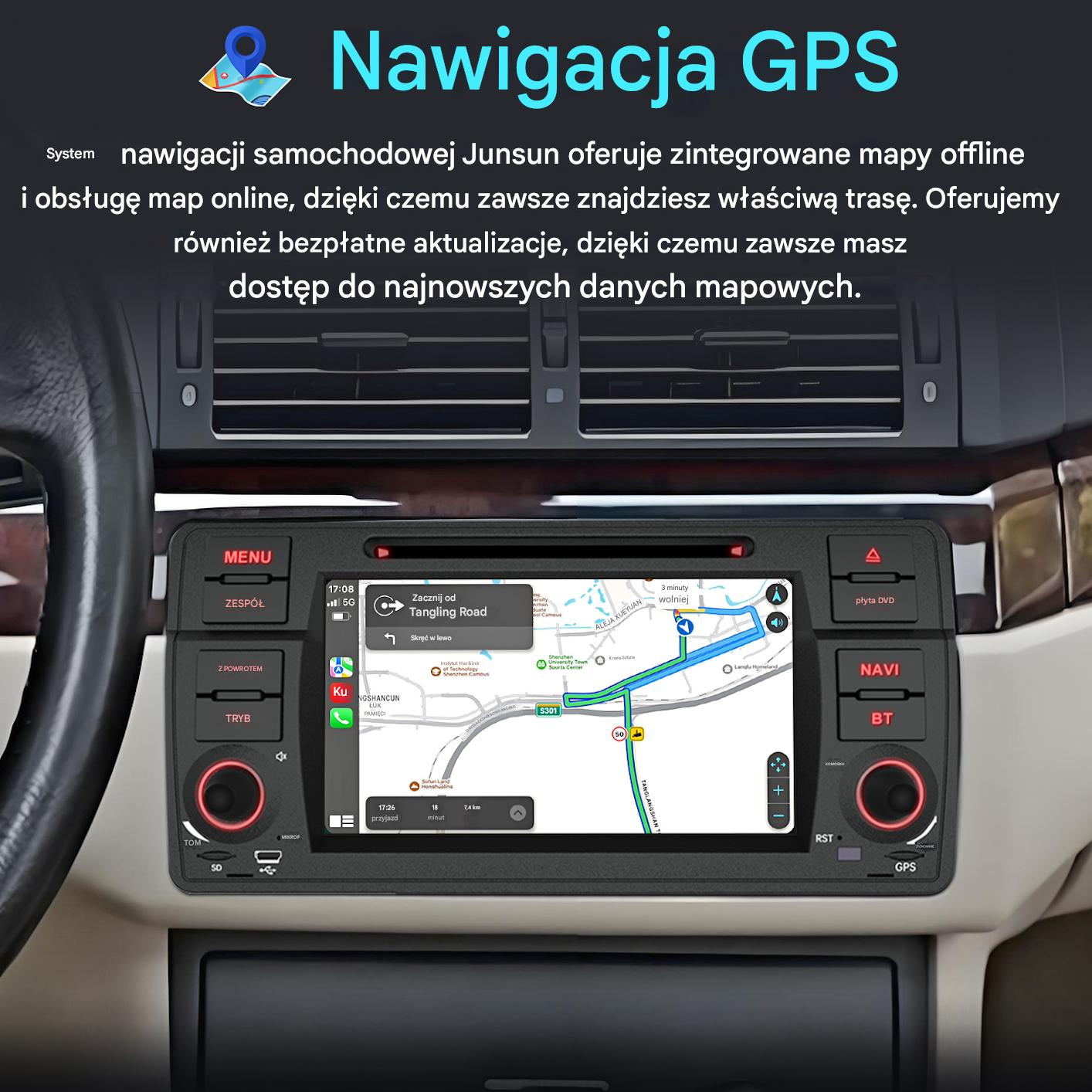 Deska rozdzielcza samochodu z ekranem nawigacji GPS pokazującym trasę.