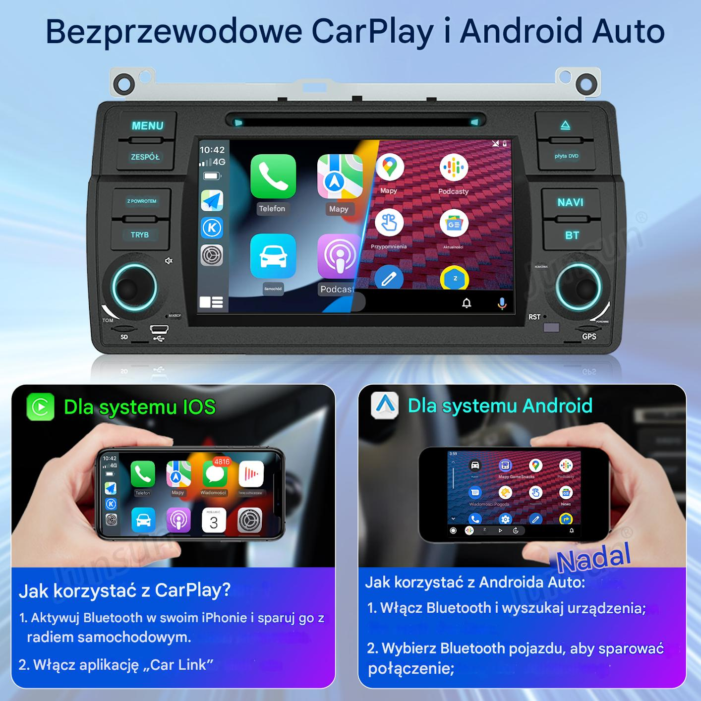 Radio samochodowe z ekranem dotykowym wyświetlające CarPlay i Android Auto, z dwoma przykładowymi ekranami.
