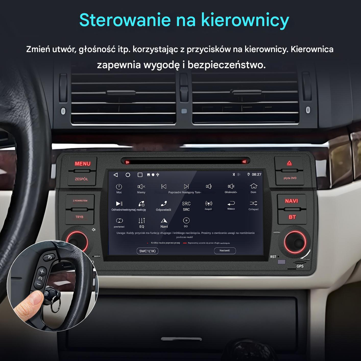 Ekran radia samochodowego pokazujący sterowanie na kierownicy i menu nawigacji.