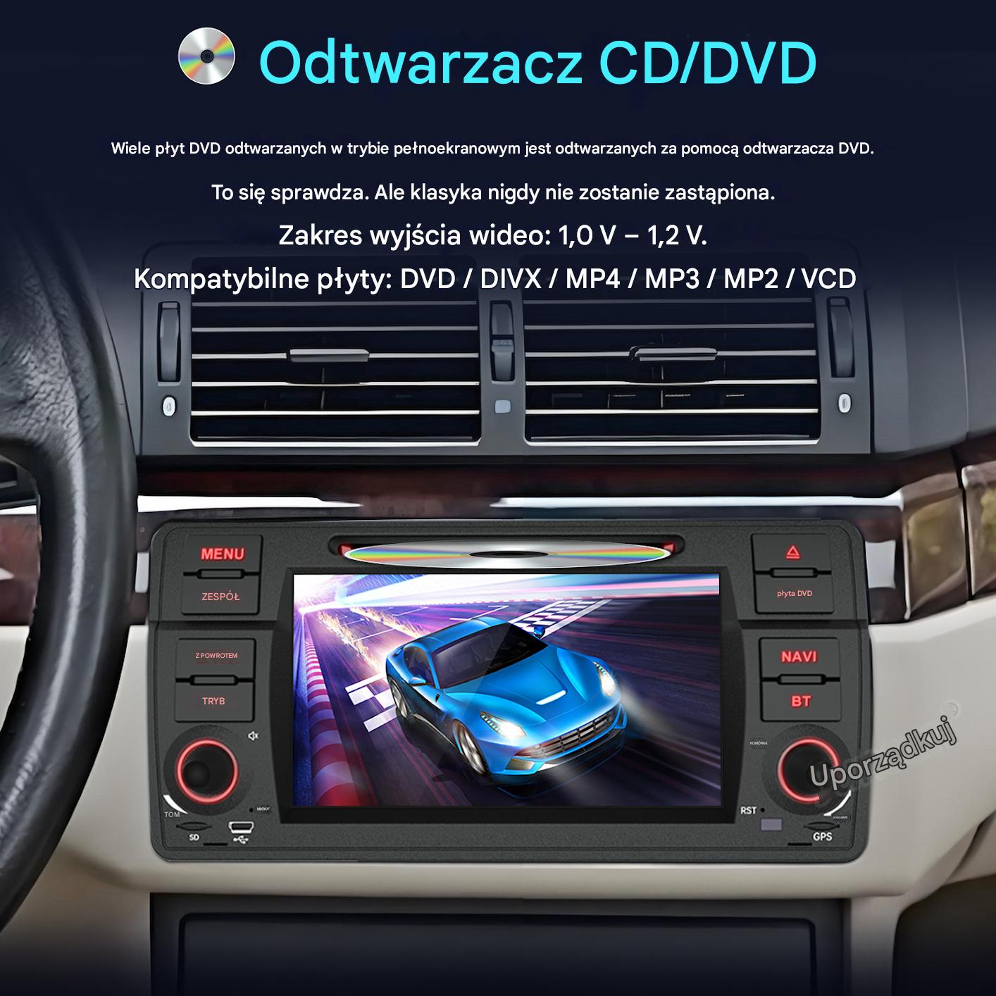 Niebieski samochód sportowy na torze wyścigowym wyświetlany na ekranie radia samochodowego.