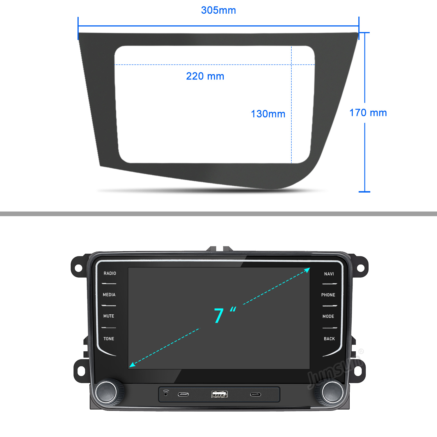 Czarna ramka ozdobna 305x170mm i radio samochodowe 7 cali.