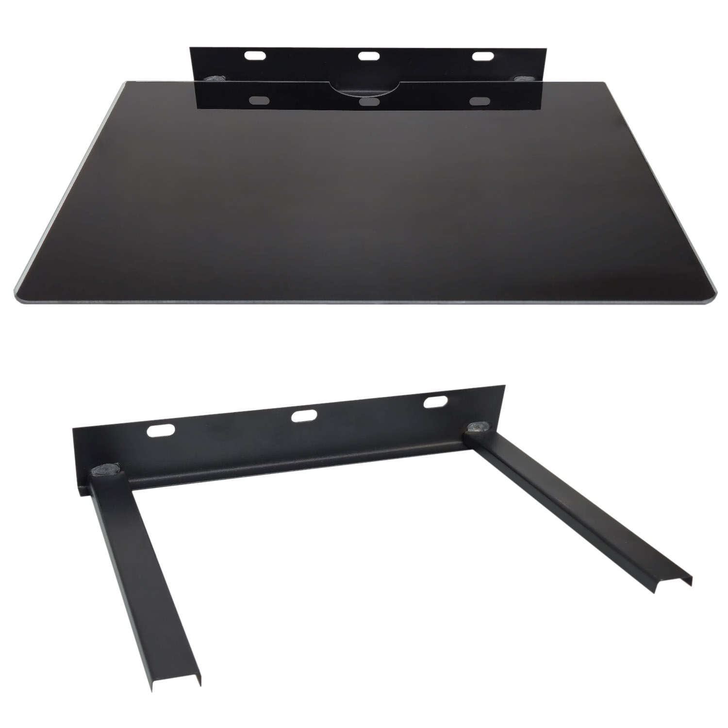 Czarna szklana półka z czarnym metalowym wspornikiem wychodzącym w dół.