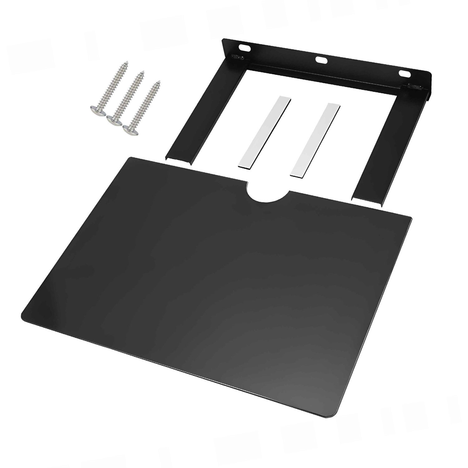 Czarna półka, wspornik, śruby i paski klejące na białym tle.