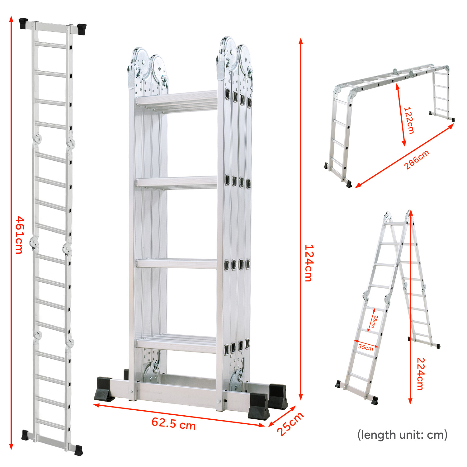 Srebrna drabina wielofunkcyjna pokazana w różnych konfiguracjach.