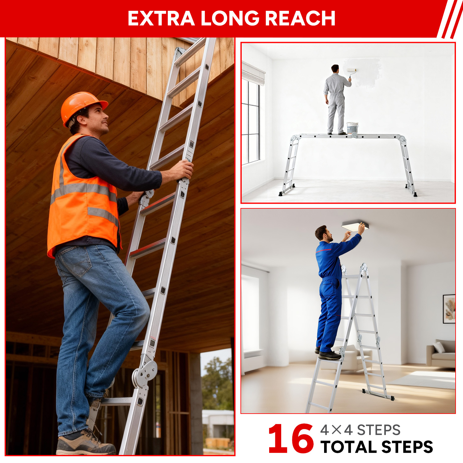 Mężczyzna wspina się po drabinie, maluje ścianę, montuje lampę.