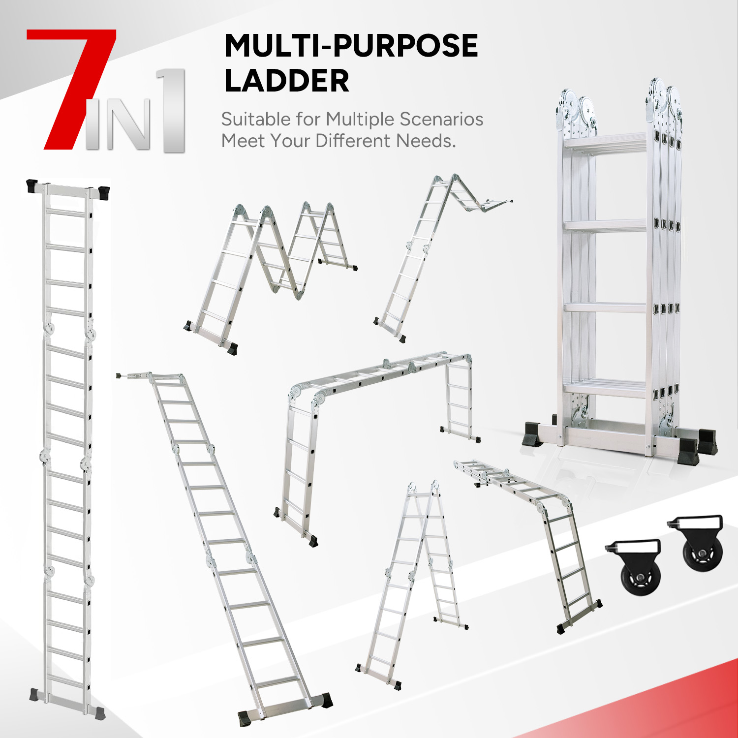 Wiele drabin aluminiowych w różnych konfiguracjach: proste, w kształcie litery Z, rozłożone.