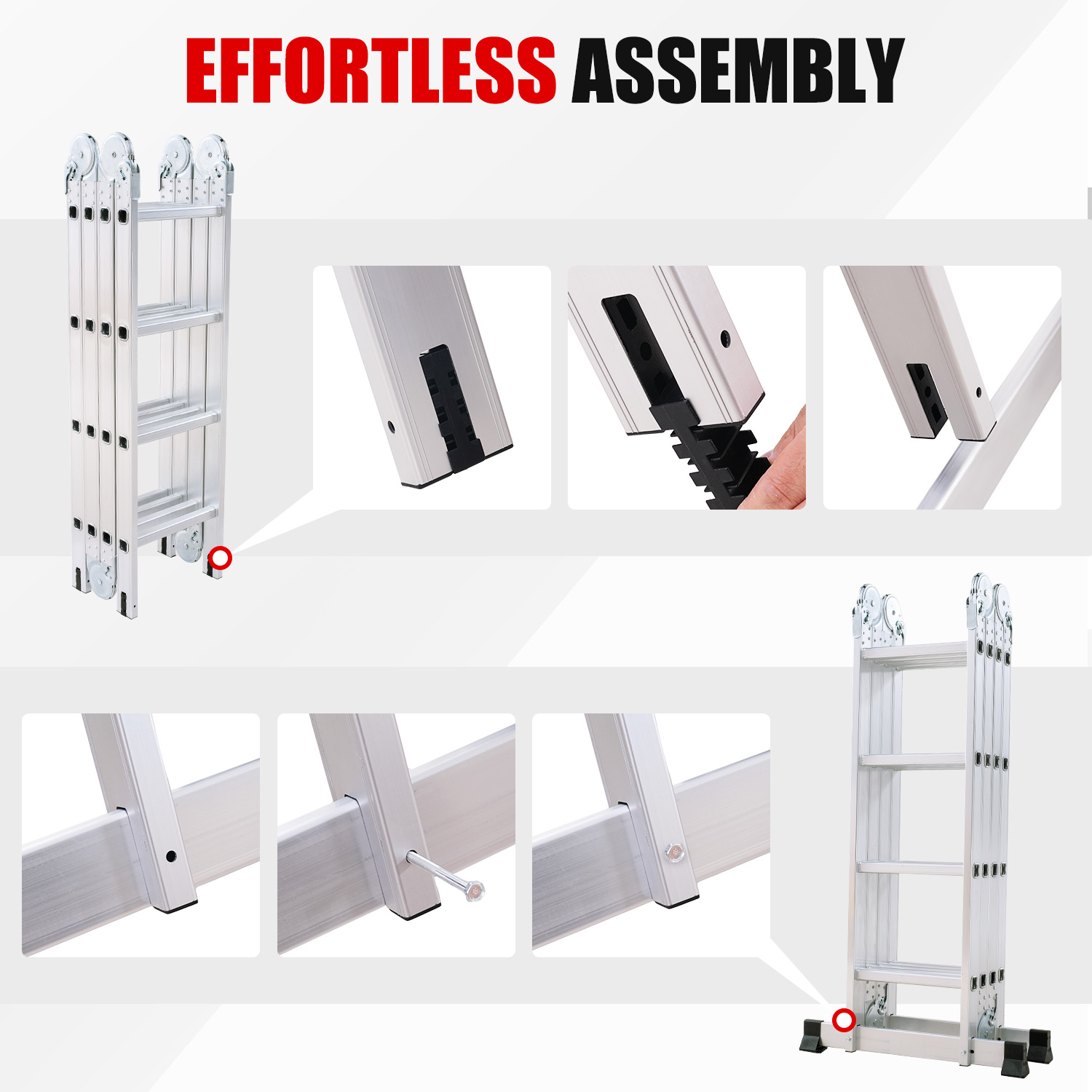 Srebrna drabina składana wielostopniowa, pokazująca efektywność montażu.