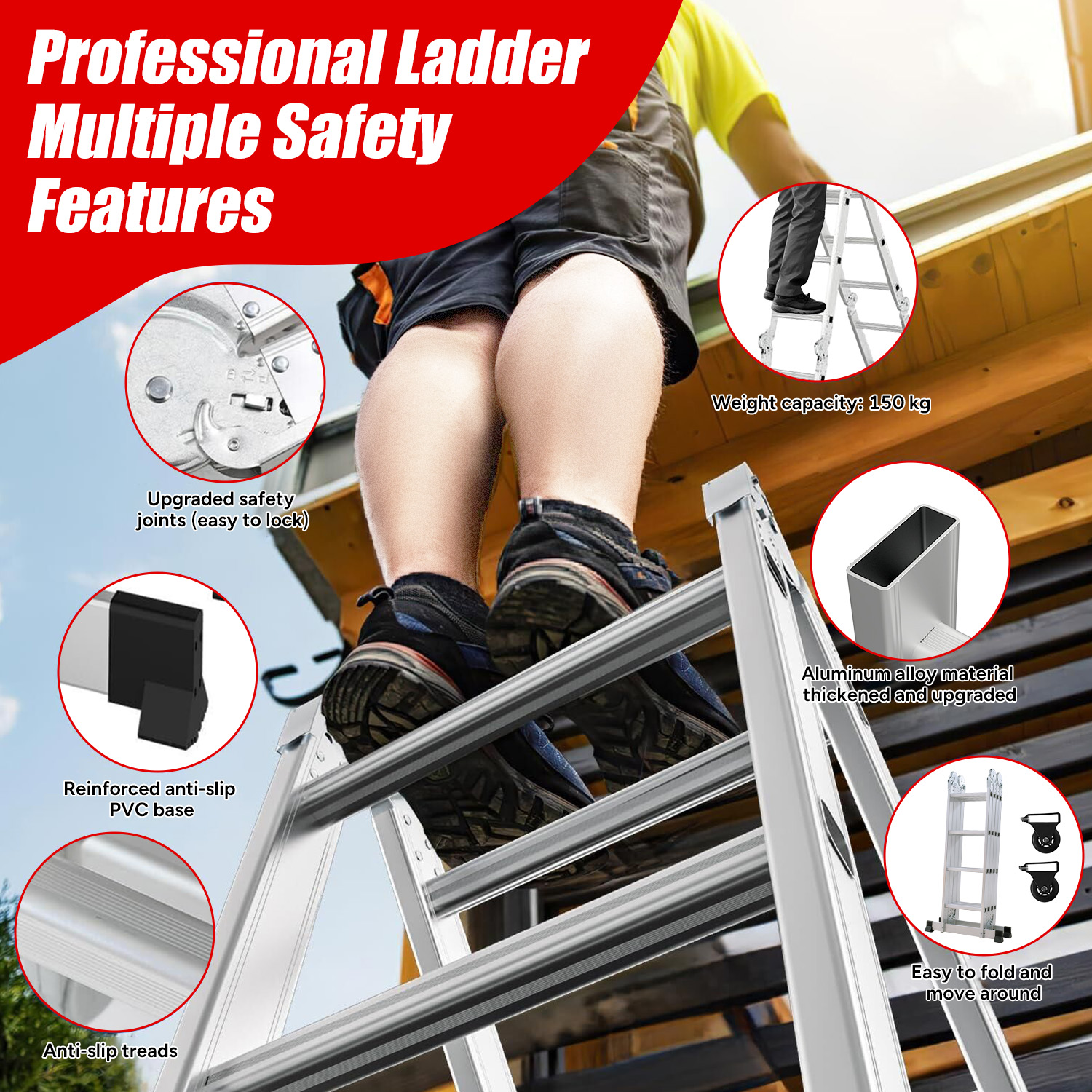 Profesjonalna drabina z zabezpieczeniami, aluminium, antypoślizgowa podstawa.