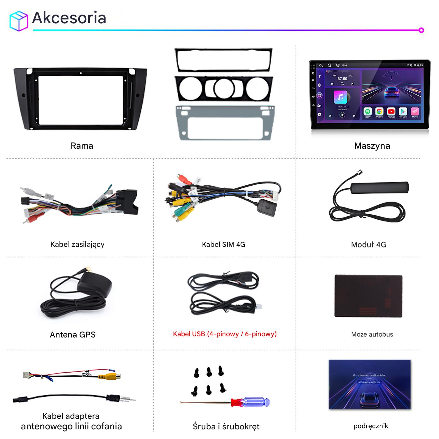 Akcesoria multimedialne do samochodu: ramka, ekran, kable, antena GPS, kabel USB, śruby.