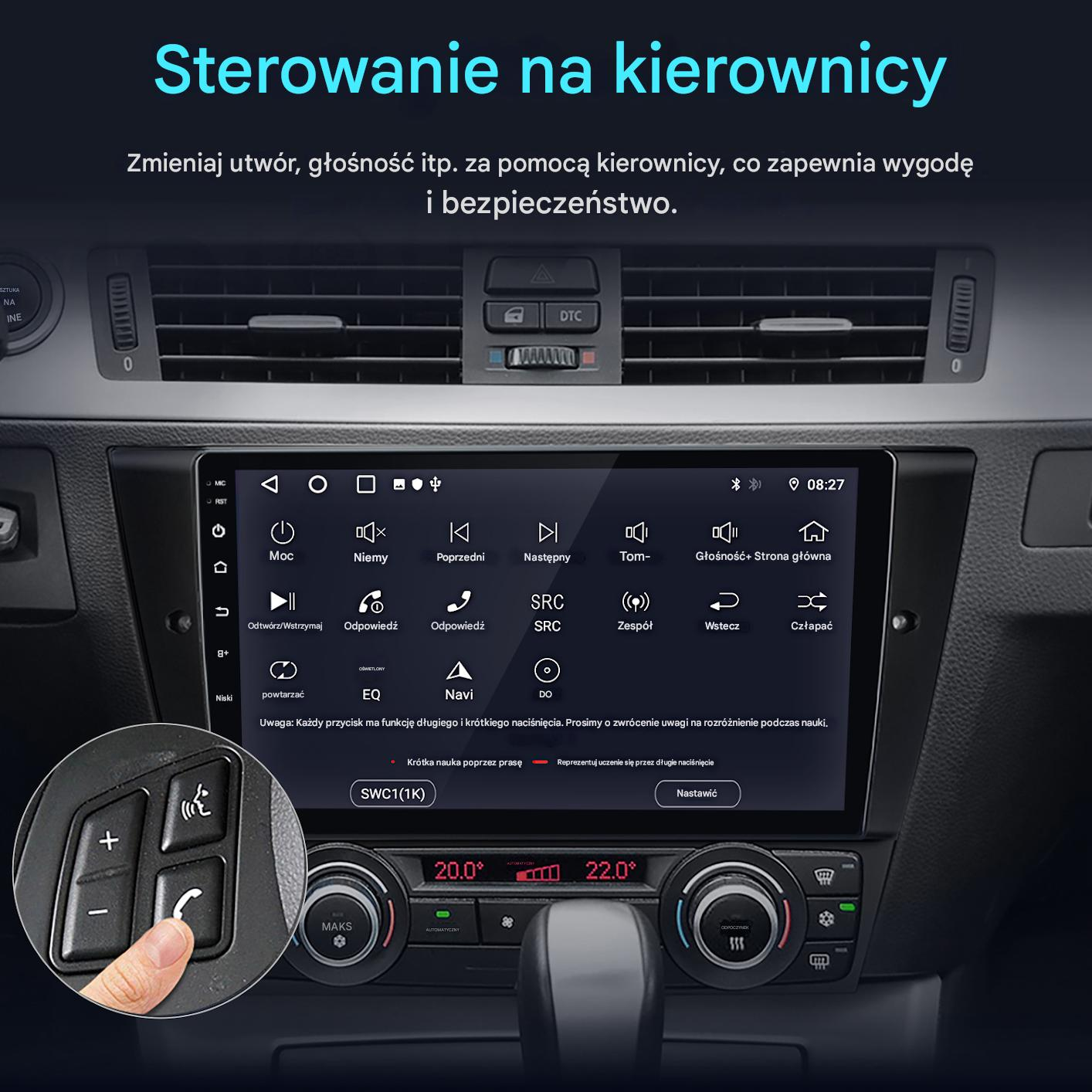 Palec naciska przycisk na kierownicy. Radio samochodowe wyświetla sterowanie muzyką.
