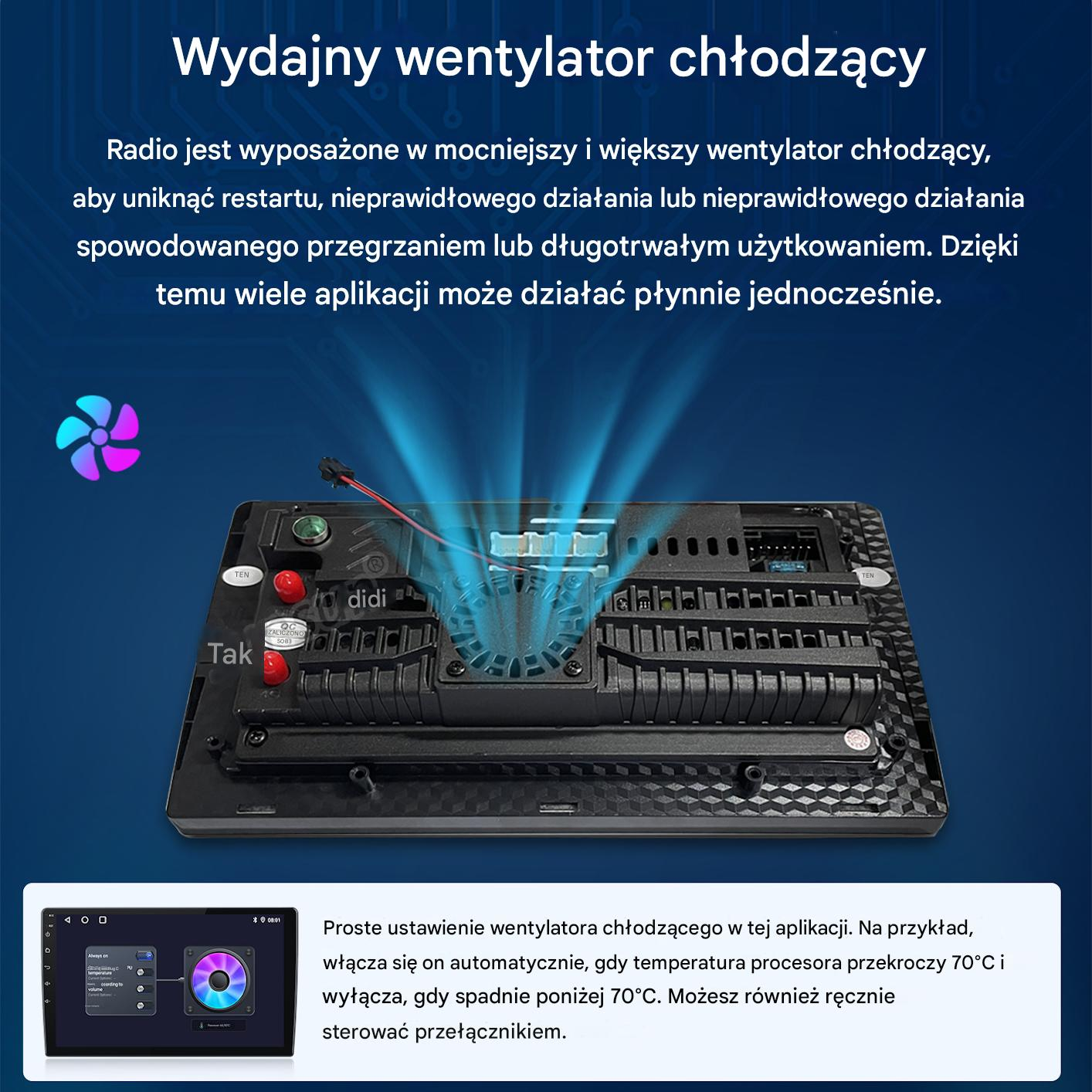 Radio samochodowe z wentylatorem wydmuchującym niebieskie powietrze. Aplikacja steruje.