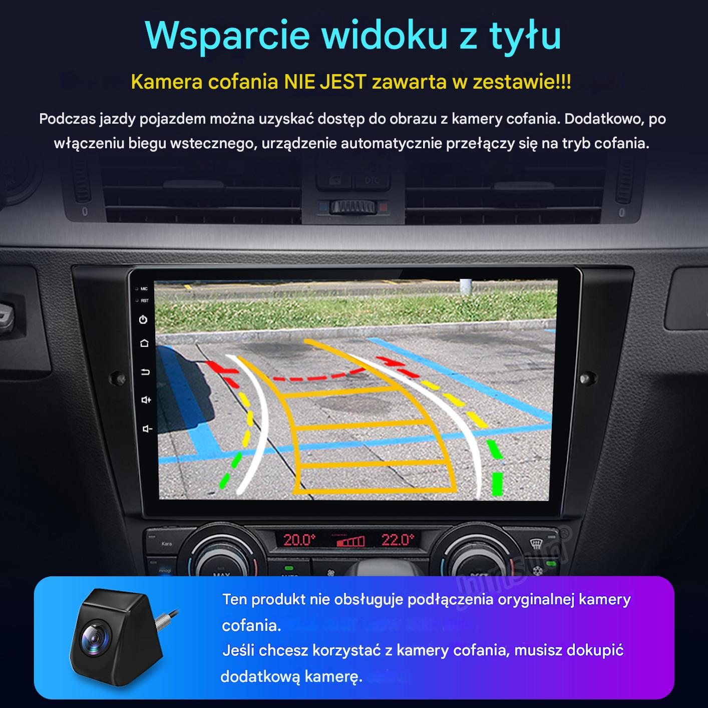 Wyświetlacz samochodowy pokazuje widok z kamery cofania z liniami parkowania.