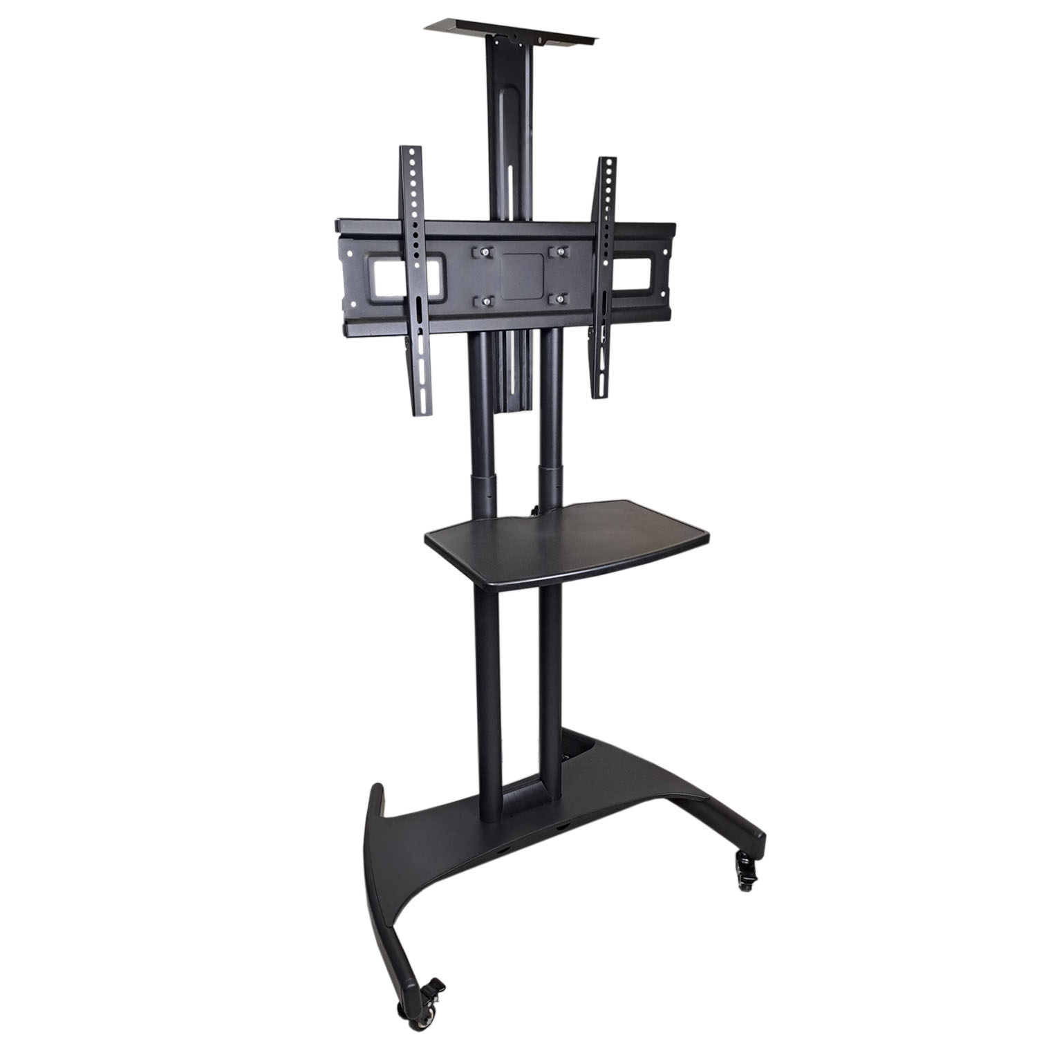 Czarny mobilny stojak pod telewizor z półką i kółkami.