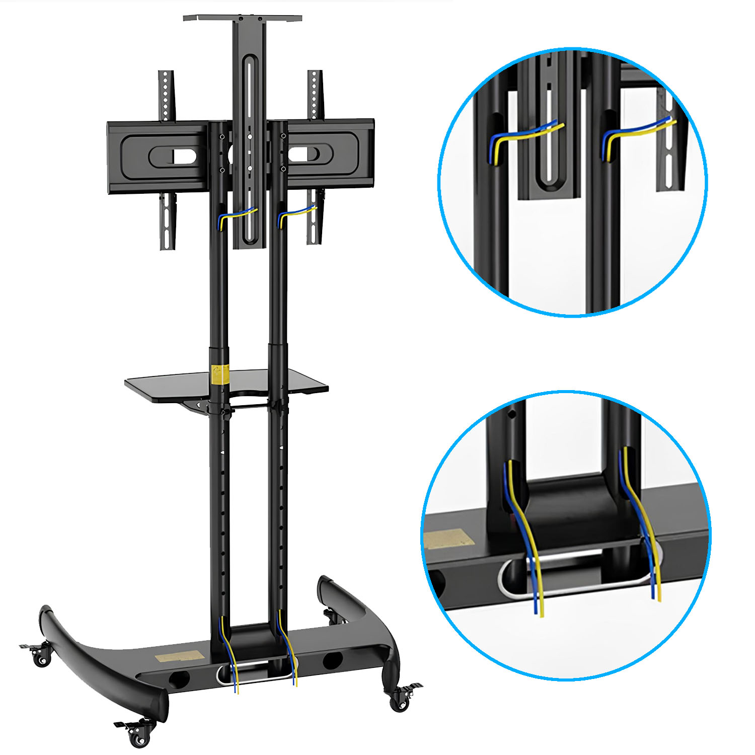 Czarny stojak pod TV na kółkach z uchwytem i zarządzaniem kablami.