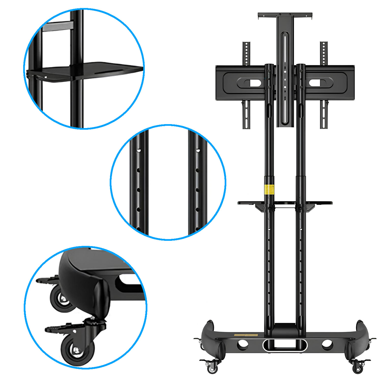 Czarny stojak pod telewizor z kółkami, regulowanymi półkami i uchwytem.