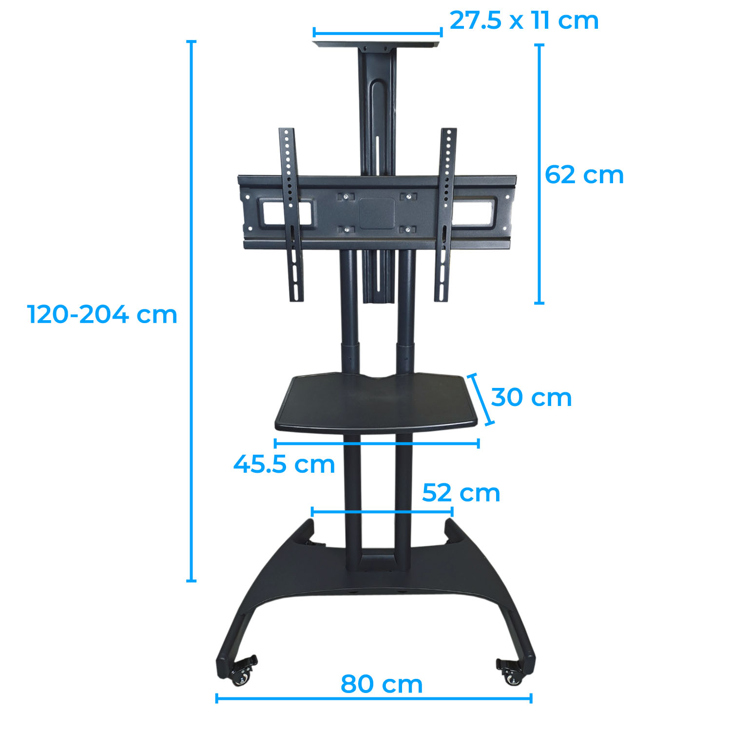 Czarny mobilny stojak pod TV o wymiarach: 120-204 cm wysokość, 80 cm szerokość.