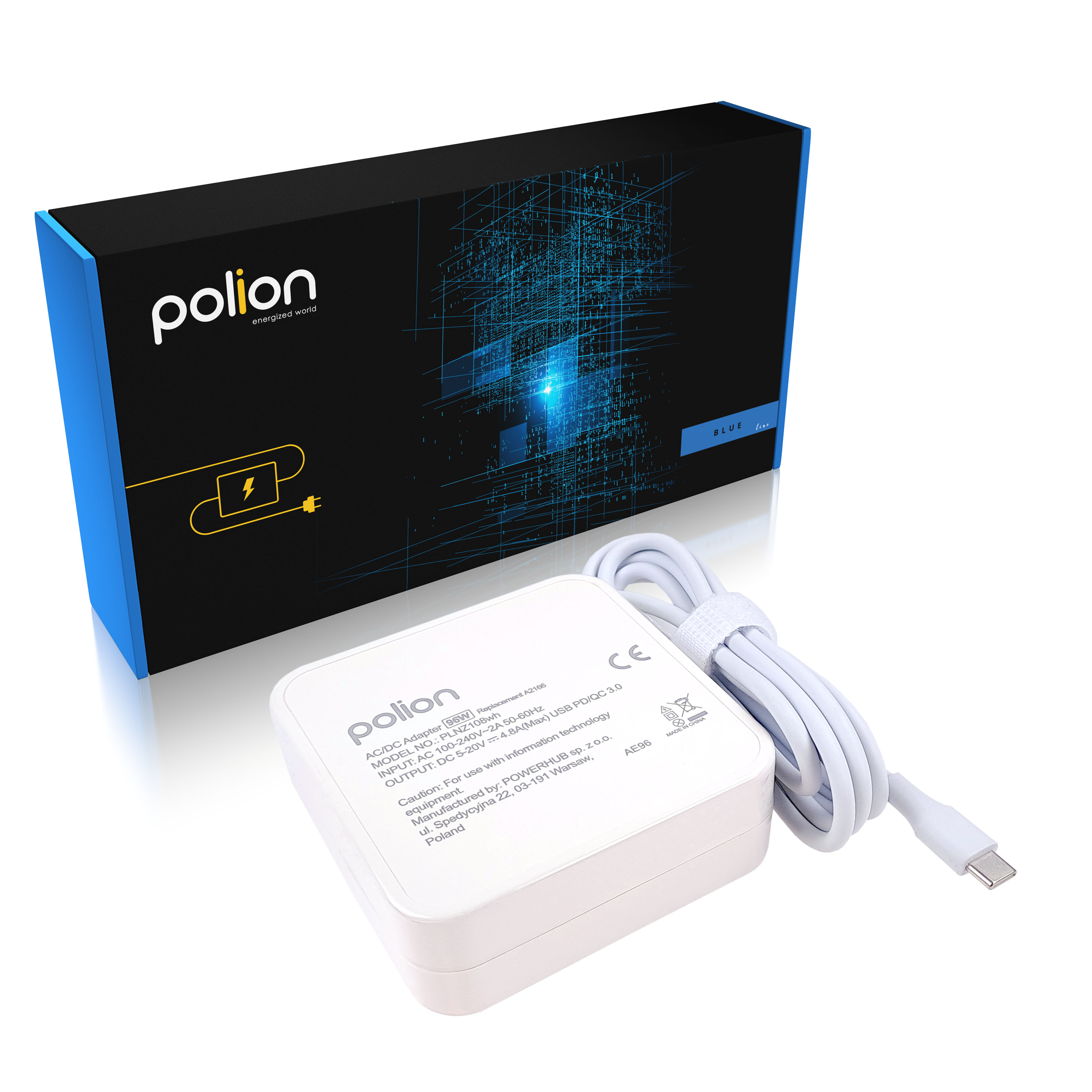 Biała ładowarka USB-C Polion z zasilaczem i niebiesko-czarnym pudełkiem.