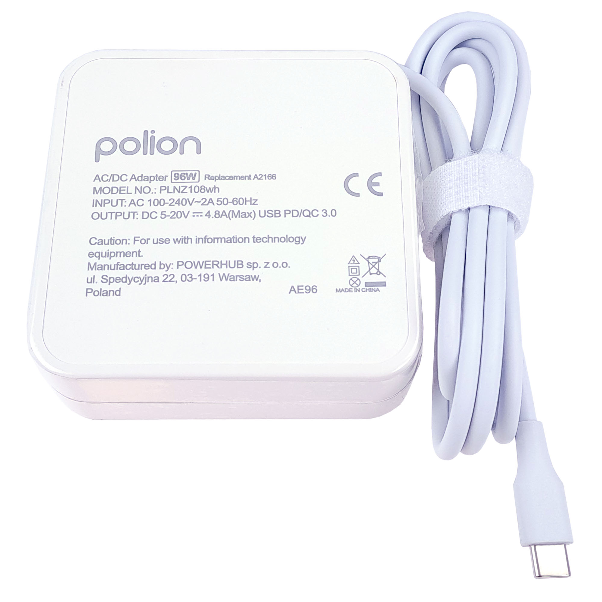 Biały zasilacz USB-C Polion 96W z kablem, znakiem CE i napisem Made in China.