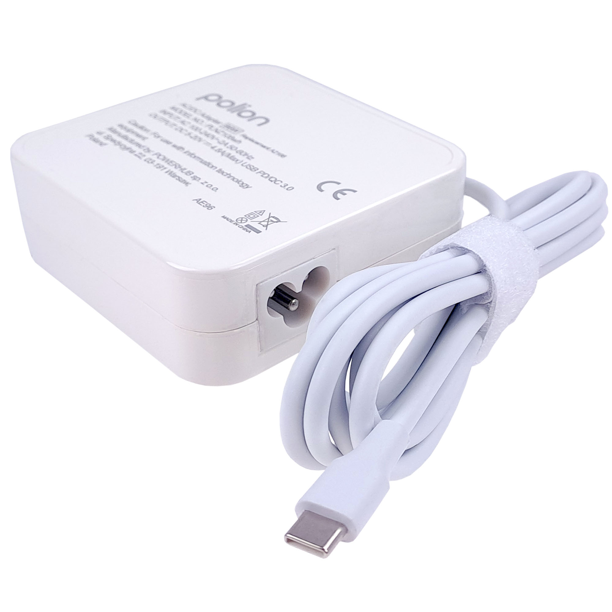 Biały zasilacz Polion USB-C PD/QC 3.0 z białym kablem.